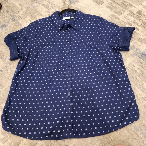 Joan Rivers Linen Star Print Blue White Short Sleee Button Shirt Women's Size L - Picture 12 of 16